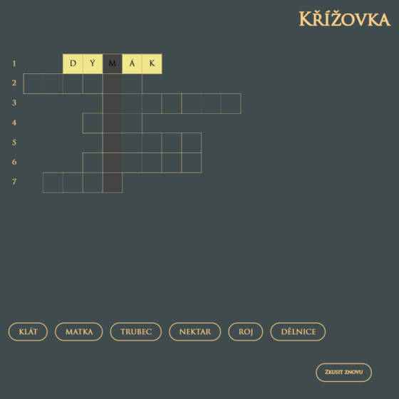 Křížovka ve formě doplňování slov přes jejich proklik.