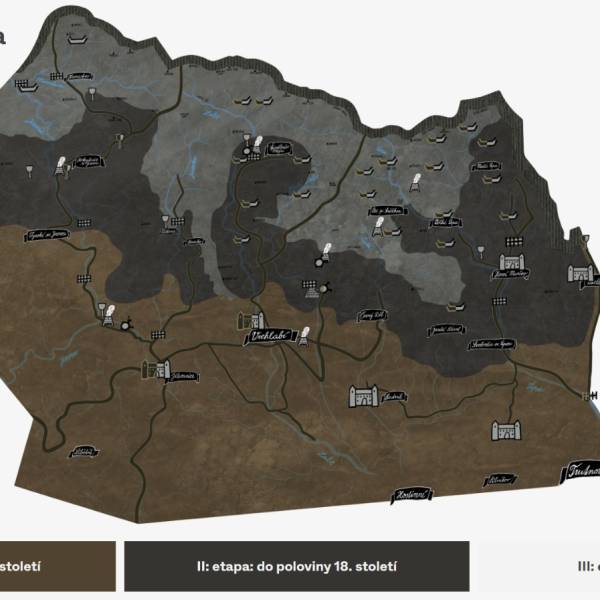 Časová osa je zde ve formě třech etap, během kterých se mění na mapě zobrazené prvky. Vysvětlení jednotlivých prvků je v přiložené legendě. Je možné si zobrazit více etap najednou a lze si také vybrat, které prvky z pravé nabídky se budou na mapě zobrazovat.